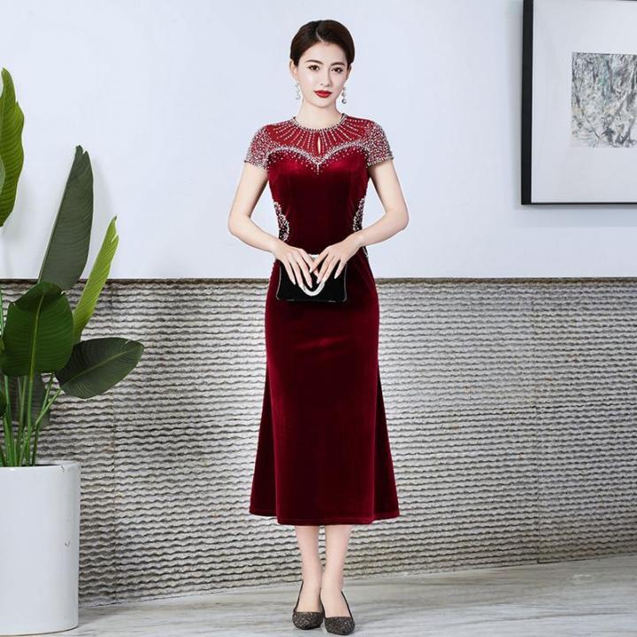 Spring and summer gold velvet mother wedding cheongsam dress evening ...