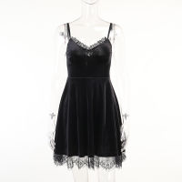 Gothic Lace Trim Black Mini DressVntage Half Moon Pendent Corset Dress Goth Aesthetic Sexy V Neck Backless Party Dresses