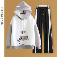 Spot parcel post23 Spring and Autumn Girl Cute Hooded Sweater Western Style Suit Junior High School Students Older Children Fashion Loose Two-Piece Suit