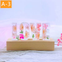 Customized A To Z Letters Dried Flower Wood Night Light Creative Romantic Table Lamp Gift for Couple Valentine Day Kid Birthday
