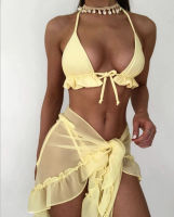 Mesh Cover-ups Swimwear Women Solid Yellow Push Up Padded Ruffled Bikini Set Beach Bandage Bathing Suit Triangle Swimsuit