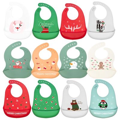 Merry Christmas Baby Bibs Waterproof Bibs Cartoon Printed Silicone Bibs Kids Feeding Cloth Toddle Bibs Adjustable Saliva Towel