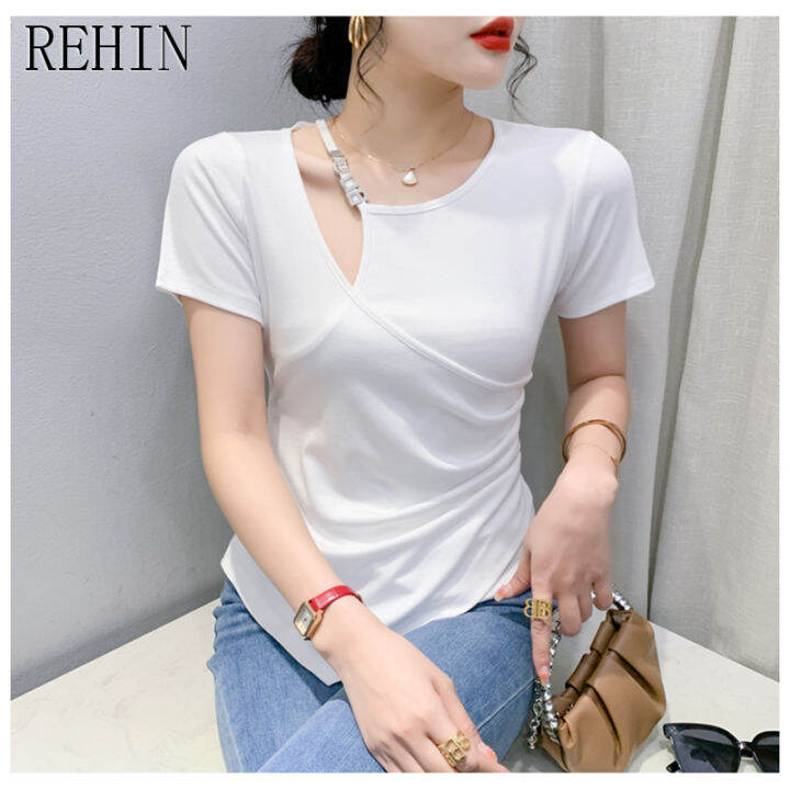 rehin-เสื้อยืดผู้หญิงแขนสั้นเสื้ออเนกประสงค์สีทึบเข้ารูป-แฟชั่นใหม่ฤดูร้อน