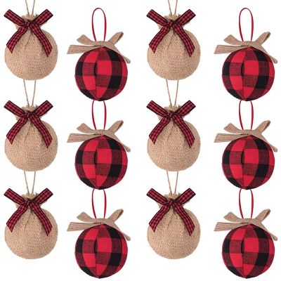 Christmas Tree Ornaments, 12 Pcs 2-1/2 Inches Buffalo Check Plaid Stitching Burlap Christmas Decorations