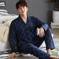 （ใหม่）ชุดนอนผ้าฝ้าย Spring100สำหรับผู้ชายชุดนอนขนาดบวกผู้ชาย4XL แขนยาว SleepwearPijama