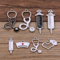 【JH】 10PCS 6 Styles Size Rhodium Doctors Dripping Stethoscope Syringe Hat Pendant Jewelry Making Findings