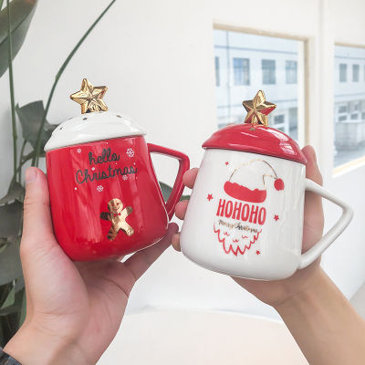 สร้างสรรค์สาวน่ารักสีแดงการ์ตูนคริสต์มาสถ้วยเซรามิกที่มีฝาครอบช้อนบุคลิกภาพท้องใหญ่แก้วคู่ถ้วยกาแฟ