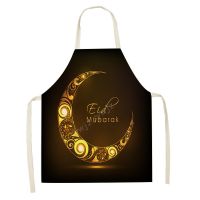 Muslim Eid Mubarak Print Kitchen Apron Women Ramadan Kareem Home Cooking Baking Star Crescent Linen Waist Bib Bib Decoration