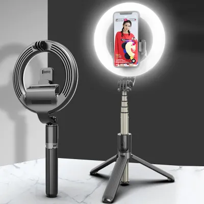 เซลฟี่่บลูทูธไร้สายแบบ4 In 1มือถือพับได้เลนส์ติดกล้องโทรศัพท์มือถือขาตั้งแบบสามขา Selfie พร้อมแสงไฟสำหรับถ่ายภาพวงแหวน Led