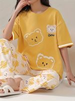 geegostudio Cartoon Bear Print Pajama Set, Cute Crew Neck Short Sleeve Top &amp; Elastic Waistband Pants, Womens Sleepwear &amp; Loungewear