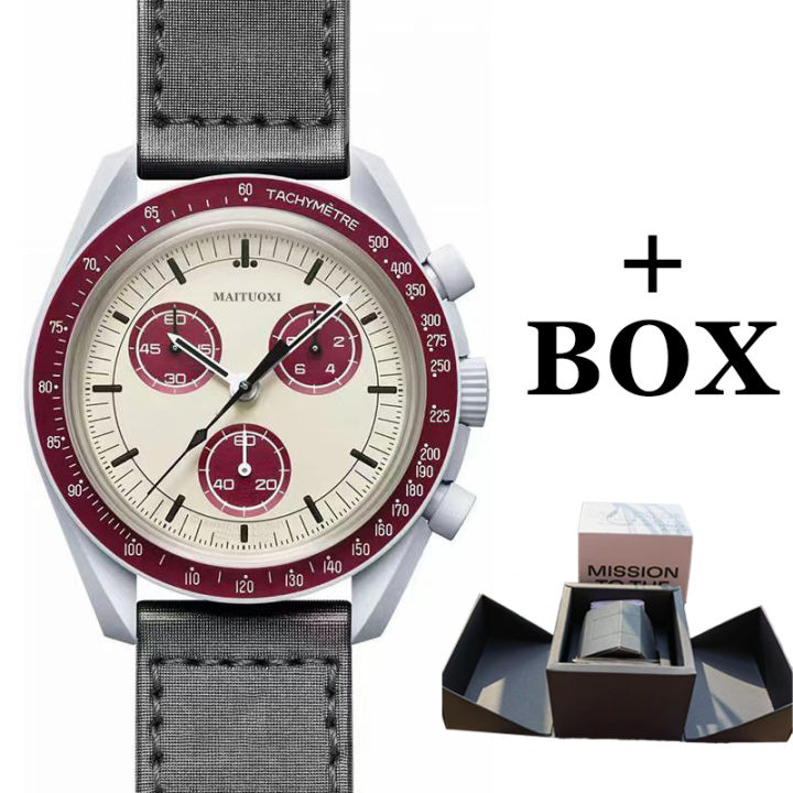 พร้อมกล่องดวงจันทร์นาฬิกาหรูหรา-quarz-นาฬิกาสำหรับผู้ชายไนล่อนปรอทนาฬิกา-เจมส์โทภารกิจดาวเสาร์ดาวเคราะห์นาฬิกาข้อมือ