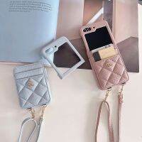 เคสโทรศัพท์กระเป๋าใส่บัตรหนังสุดหรูสำหรับ Samsung Galaxy Z Flip 5 4 3แป้นพิมพ์เพรียวบางป้องกันการกระแทกแนวทแยงพร้อมสายคล้อง