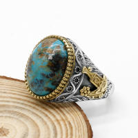 Vintage Turquoise แหวนสำหรับชาย925เงินสเตอร์ลิงรูปไข่อัญมณีธรรมชาติ ตุรกี Handmade R เครื่องประดับครบรอบ Gift