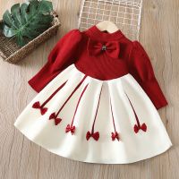 KEAIYOUHUO 2022 Autumn Bow Christmas Costume Flower Girls Princess Dress Baby Childrens Long Sleeves Kids Warm Knitted Clothing  by Hs2023