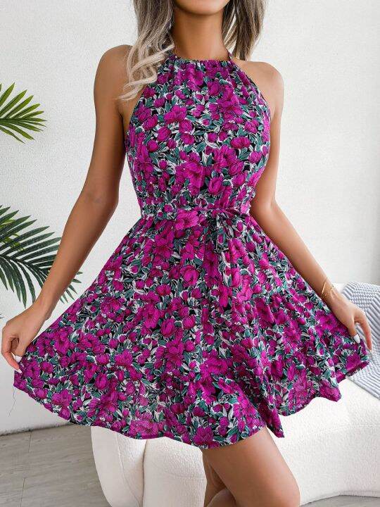 women-summer-casual-floral-print-ruffle-halter-dress