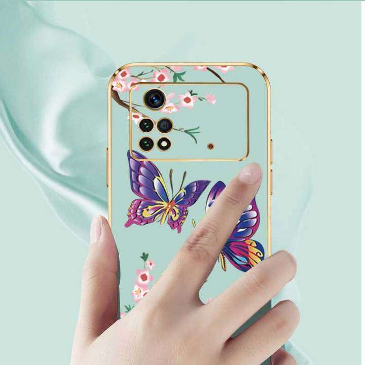 เคสสำหรับ-xiaomi-poco-m4-pro-4g-xiaomi-poco-m4-5g-ผีเสื้อสวยงามหรูหราพร้อมกล้องดอกไม้เคสโทรศัพท์ขอบชุบฝาครอบซิลิโคนนิ่มพร้อมฟรีสายคล้อง