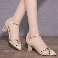 2023 New Gold Women High Heels Spring &amp; Summer Womens Shoes Female Wedding Gold Party Nightclub Pointed Toe Sequin Buckle Shoes