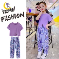 โปรโมชั่น Flash Sale : TH Girls summer suit, new cartoon big kids Korean fashion short-sleeved T-shirt two-piece set