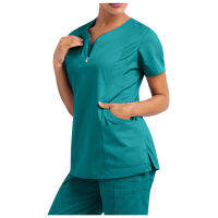 Women ed Uniforms V-neck Efficient Working Scrubs Beauty Salon Short Sleeve Pocket Zipper Female Nurse Uniform