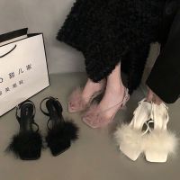 Women Plush Sandals Elegant Party Womens Shoes 2023 New Summer Fashion Fur High Heels Ladies Fashion Square Toe Sandalias