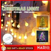 {ItalyNest shop}NARIO 100 LED 10M รูปลูกโลกคริสต์มาส8โหมดฉากหลังไฟประดับสวยงามบ้านแบบ DIY ม่านตกแต่งปาร์ตี้คริสต์มาส