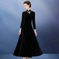 BS Women Velvet Elegant Dress แฟชั่นแขนยาว Slimming ชุดสีทึบสำหรับของขวัญวันเกิด