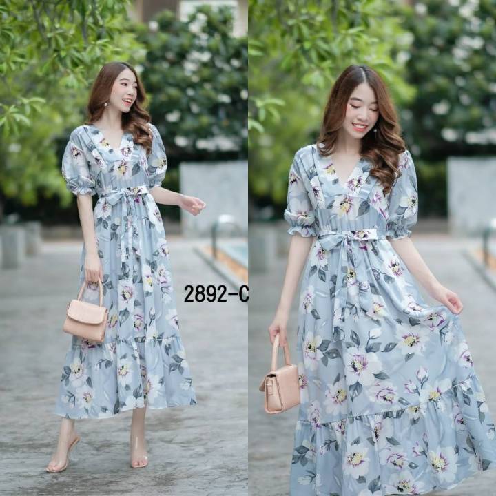 MaxiDress ทรงคอวี แขนตุ๊กตา