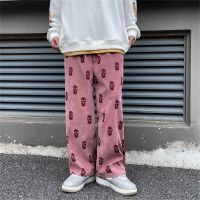 Harajuku 2022แฟชั่นพิมพ์ Drawst Casual Corduroy ผู้ชายกางเกงกโป่งพองฮิปฮอปตรง Sweatpants ชายกางเกงขายาวทรงหลวม