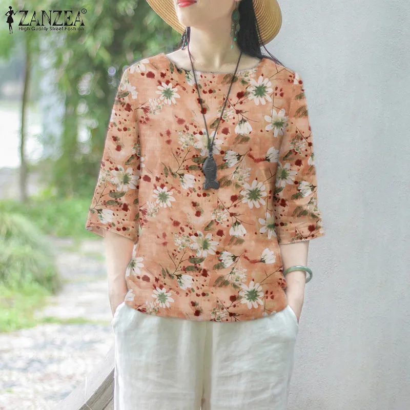 ZANZEA Womens Floral Print Vintage Blouse Long Sleeve O Neck Summer Holiday Shirt  Tops #7