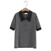 【มีไซส์ใหญ่】Plus Size Womens Turn Down Collar Summer Black Shirts Short Sleeve Vintage Plaid Female Tops Fashion A-line Top