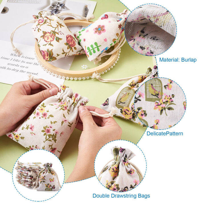 40pcs-ดอกไม้-burlap-กระเป๋าเครื่องประดับบรรจุภัณฑ์-drawstring-กระเป๋าของขวัญกระเป๋าสำหรับงานแต่งงาน-christmas-party-candy-wrapping-ผสม-patterns