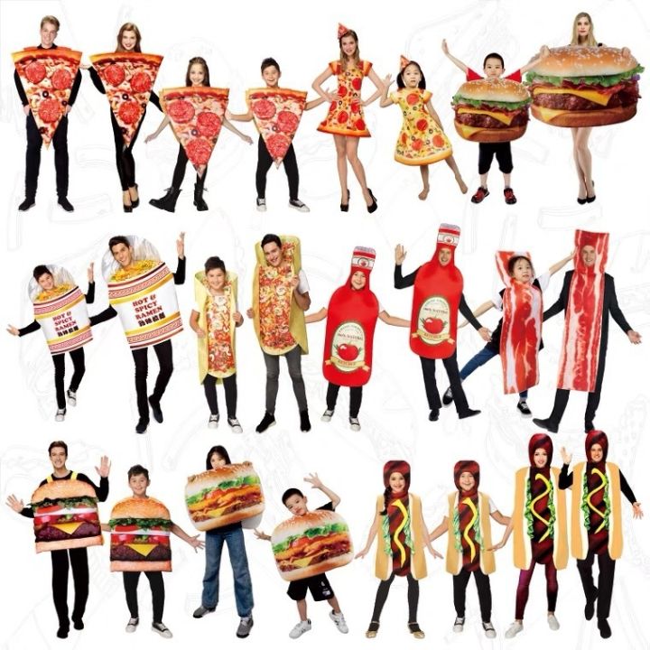 ชุดชุดเชียร์ลีดเดอร์พิซซ่าลายริ้วสำหรับผู้ใหญ่แฮมเบอร์เกอร์อาหารชุดฮัลโลวีนสำหรับเด็ก