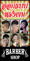 M039 ป้ายออกแบบทรงผม ป้ายตัดผมชาย Barber ขนาด 40x80 cm. แนวตั้ง 1 ด้านเจาะรูตาไก่ 4 มุม สำหรับแขวน ป้ายไวนิล พิมพ์อิงเจ็ท ทนแดดทนฝน