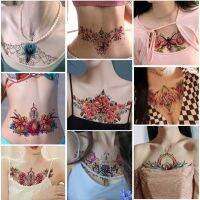 Flower Tattoo Sexy Sternum Fake Tattoos for Woman Chest Temporary Tattoos Waterproof Lasting Under Breast Plant Tattoo Stickers