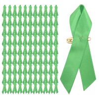 100 Pieces Awareness Ribbon Satin Ribbon Lapel Pins Fabric Ribbons with Safety Pins for Women Men (Green)