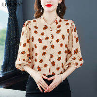 LUXURY Queen 2023 Summer New Fragmented Chiffon Stand Neck 3/4 Sleeves Stylish and Slim Blouse