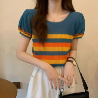Knitted T Shirt Women Short Sleeve Stripe Tshirt Korean Style Fashion Casual Tee Summer Cropped Top