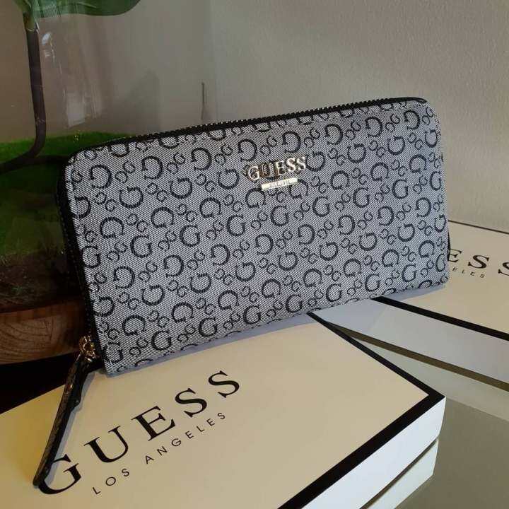 Guess Classic Signature G Monogram in Coated Synthetic Leather Zip Around  Wallet - Grey / Black Women's Long Wallet