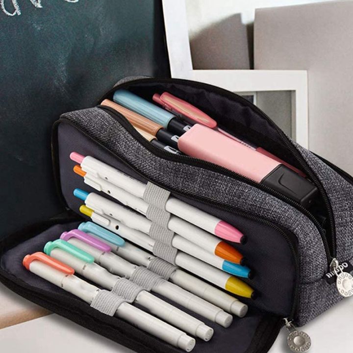 2x-angoo-large-pencil-case-big-capacity-3-compartments-canvas-pencil-pouch-for-boys-girls-school-students-b
