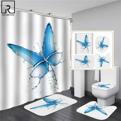 Big Butterfly Beautiful Polyester Shower Curtain 134PCS Bathroom Waterproof Curtains Bath Mat Set Toilet Lid Cover WC Supplies