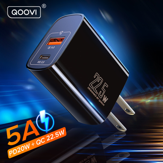 Qoovi 22.5w 5a fast charger + pd 20w us plug adapter quick charge 4.0 3.0 - ảnh sản phẩm 1