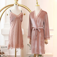 Lace 2PCS Robe Set Lady Velour Nightwear Full Slip Kimono Bathrobe Gown Sleep Suit Strap Nightdress y Lingerie Loungewear