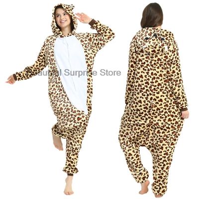 Women Kigurumi Onesie Pajamas Leopard Hoode Jumpsuit Animal Cosplay Winter Warm Soft Kids Sleepwear Halloween Costume