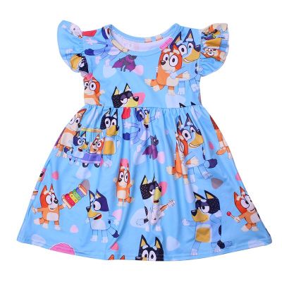 Wholesales Girls Dress Ruffle Sleeve Kids Cartoon Boutique Dress Milk Silk Children Birthday Party Cue Dress