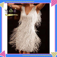 【จัดส่งที่รวดเร็ว✨】Women Elegant V Neck Sling Dress Multi-color Mesh Sexy Sleeveless Tassels Evening Dress