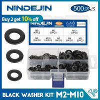 NINDEJIN 500pcs Flat Washer Set m2 m2.5 m3 m4 m5 m6 m8 m10 Carbon Steel Black Gasket Set Plain Washer Assortment Kit Ring