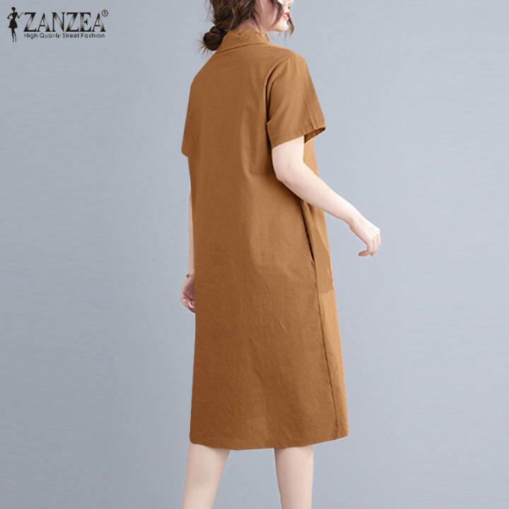 manbei-zanzea-ชุดเดรสผ้าฝ้ายแขนสั้นผู้หญิงขนาดใหญ่-baggy-midi-dress