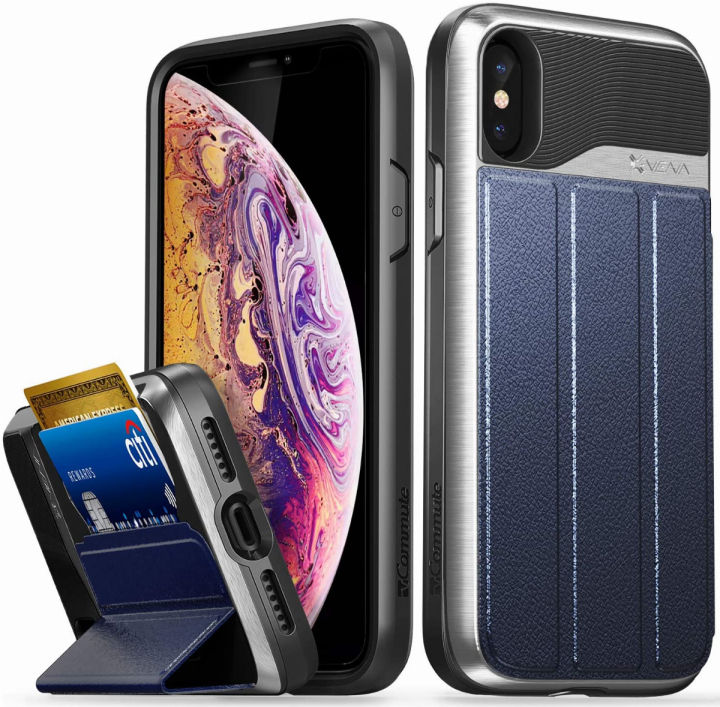 vena-iphone-xs-x-wallet-case-vcommute-military-grade-drop-protection-flip-leather-cover-card-slot-holder-compatible-with-iphone-xs-x-silver-pc-blue-leather-black-tpu-silver-blue-black
