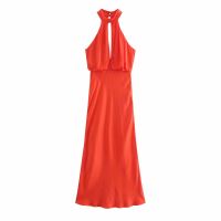 TRAF Women Fashion With Gathered Soft Touch Party Midi Halter Dress Vintage Backless Side Zipper Female Dresses Mujer