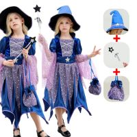 Girls Witch Costumes Hat Magic Wand Candy Bag Kids Halloween Costume Children Witch Cosplay Dress Girl Performance Photo Props